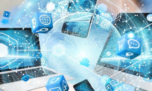 Tech devices connected to each other by businessman on blurred background 3D rendering